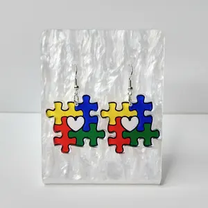 #384 Multi-Colored Autism Puzzle Piece Symbol with White Heart in Center Earrings, Casual Autism Acceptance Jewelry