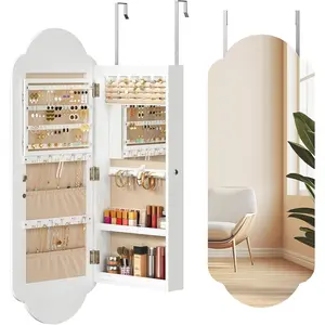 Wide  Cabinet, LED  Organizer Wall/Door Mounted,   Cabinet Mirror with Storage, Lockable, Interior Mirror, 4.1 x 16.5 x 42.5 Inches, White
