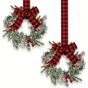 Mini Christmas Wreaths Set of 2, Berries & Plaid Bows, 9-Inch Artificial Greenery, Non-Electric Plastic Holiday Decorations