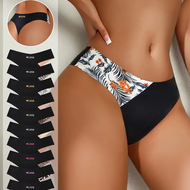 10-Pack Seamless Women's Briefs, Leopard Low-Waist Triangle Panties, Slim-Fit Sexy Underwear for Daily Wear, All-Season Comfort, Seamless Triangle Panty