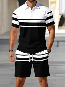 Men's Striped Polo Shirt Short Sleeve with Casual Shorts Set, Summer Sports Fashion Two-Piece, Comfortable and Stylish