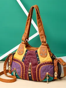 New PU Leather Crossbody Shoulder Bag, Vintage Washed Skin, Multiple Pockets, Adjustable Strap, Fashionable Patchwork Design, Durable & Trendy Crossbody Bags