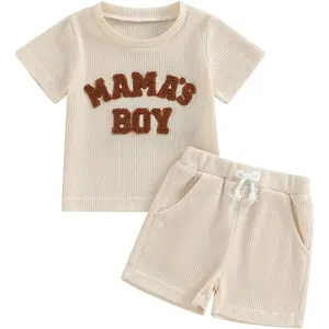 Toddler Baby Boy Summer Clothes Embroiderey Waffle Knit Short Sleeve T-Shirt Tees + Casual Shorts Cute Clothing Set