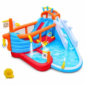 9-in-1 Inflatable Water Park Bounce House for Backyard Kids, Dual Slides, Climbing Wall, Large Jump Bounce Area, Dual Water Spraying Guns, Basketball Hoop & Ring Toss Game, Shallow Splash Pool & Separate Bath Pool for Outdoor Summer Party
