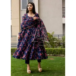 Navy Blue Floral Printed Anarkali