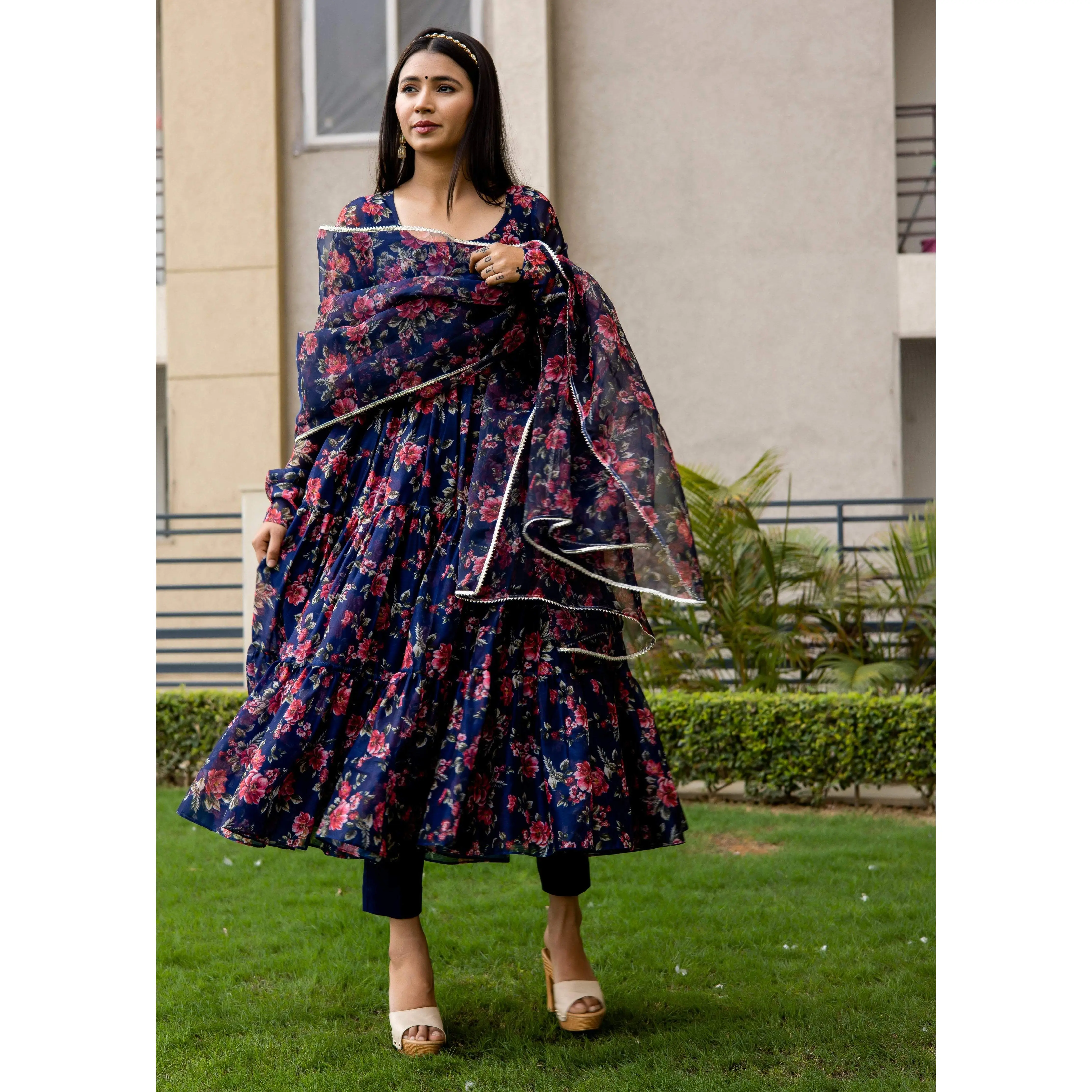 Navy Blue Floral Printed Anarkali