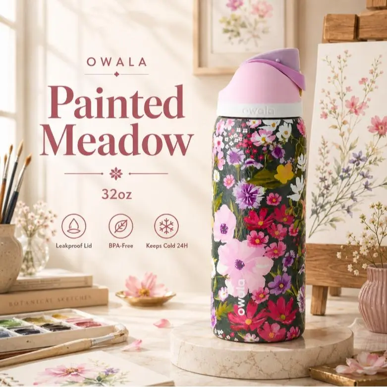 Owala Painted Meadow 32oz FreeSip Insulated Water Bottle Stainless Steel Leakproof Double Wall Vacuum Flask BPA Free Keeps Drinks Cold All Day Floral Travel Bottle Viral US