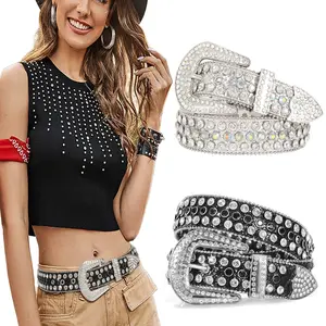 XZQTIVE Glitter Rhinestone Studded Belt Rhinestones Leather Belts Bling Studded Western Cowgirl Waist Belt for Jeans Pants with Removable Buckle sparkle  belt trophy  buckles