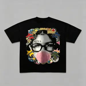 Trending "estar" Bubble Gum Girl with Sticker Collage Graphic T-Shirt, Retro Y2K Aesthetic Oversized Streetwear Tee, Casual Black Top