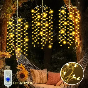 3-Piece Outdoor Copper Wire Firework String Lights, USB Powered Adjustable Hanging Fairy Lights, 8 Lighting Modes for Yard Garden Wedding Christmas Party Decorations, Outdoor Landscape Lights