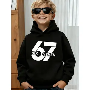 Boys' Outdoor Casual Hoodie in Classic Black. It Features a Creatively Designed '67' Number And a Lifting Hand Gesture on The Front, Exuding a Strong Sense of Style. Made from Comfortable