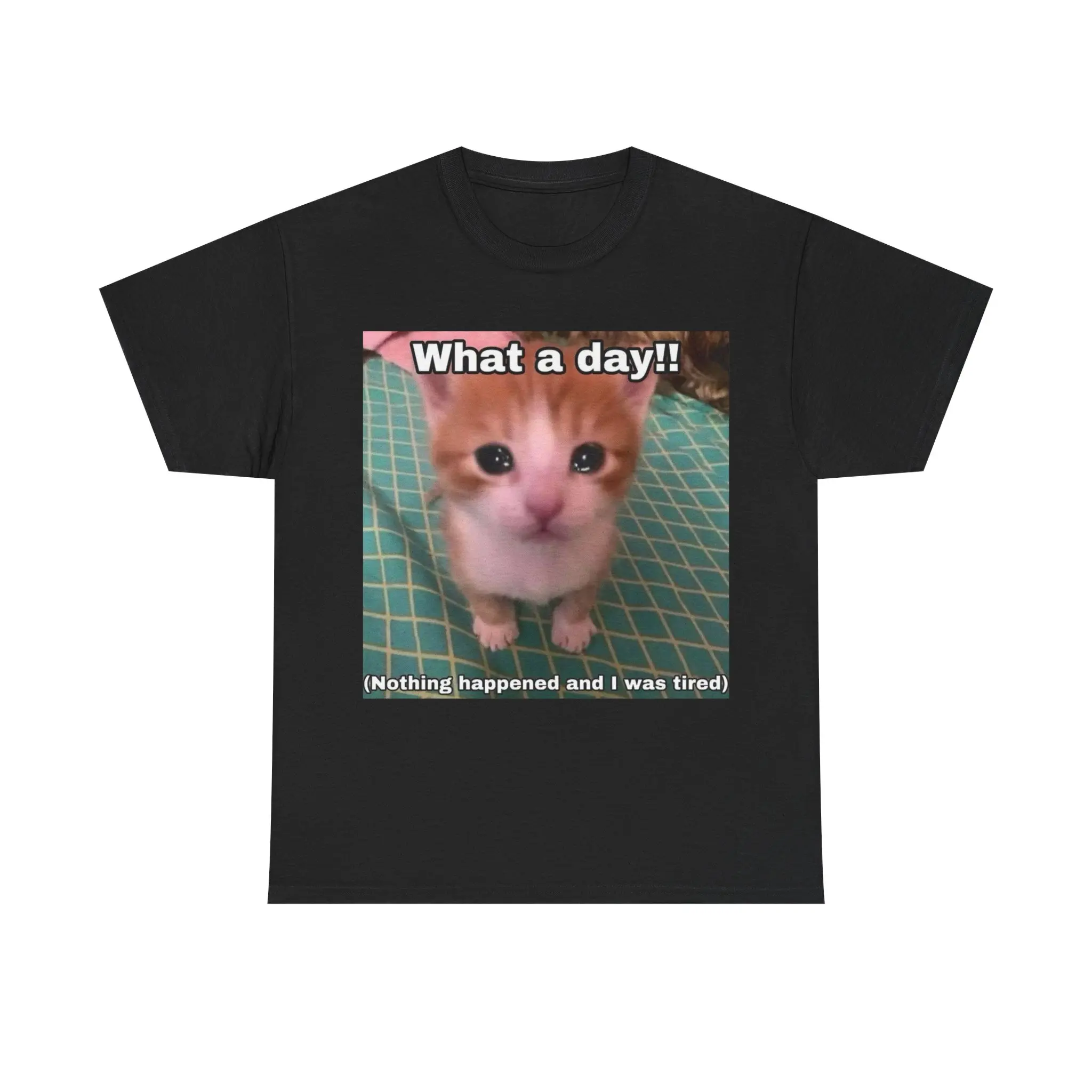 Funny Cat Unisex T-Shirt – ‘What a Day (Nothing Happened and I Was Tired)’ Meme Tee