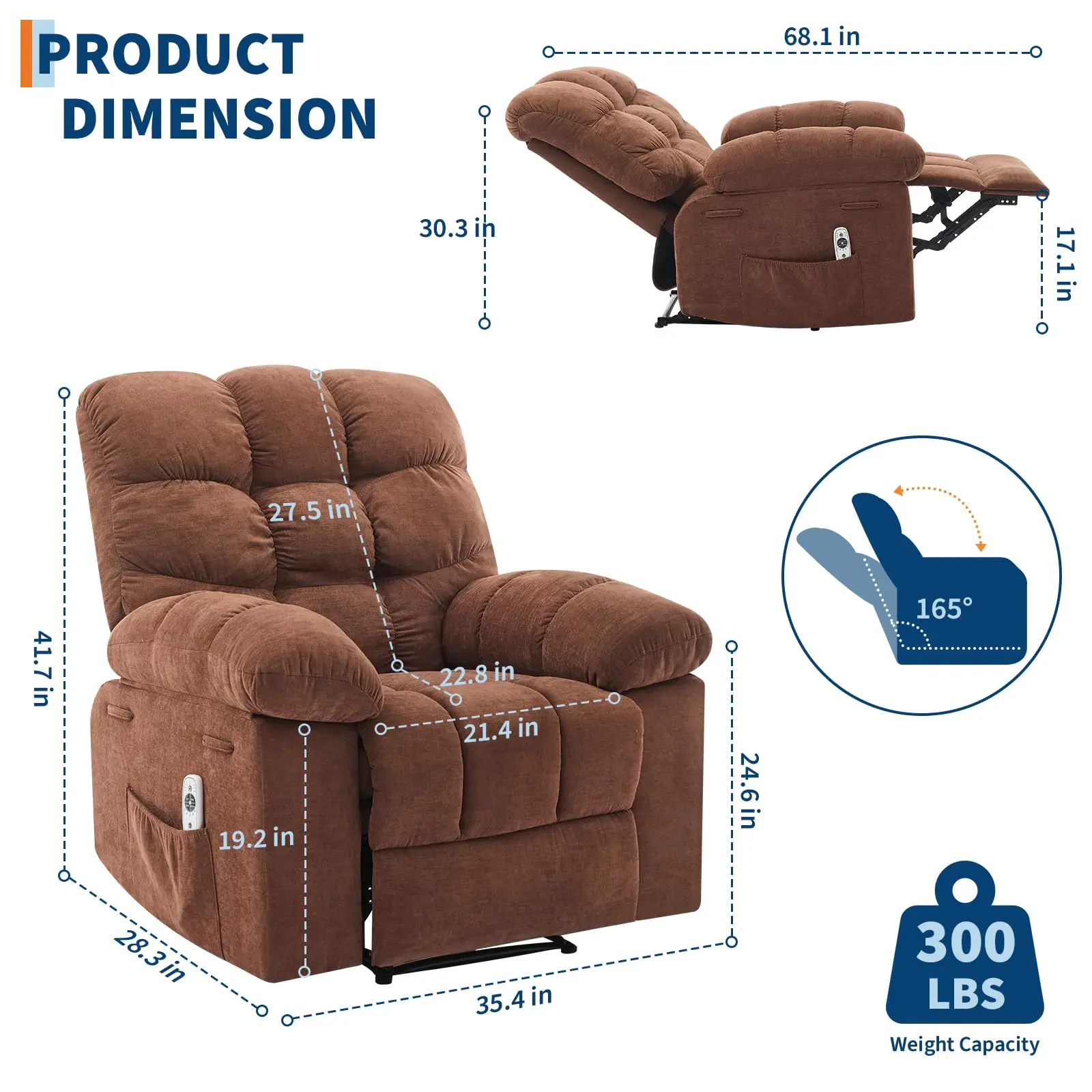 Dark Brown Adjustable Reclining Ergonomic Wide Glider Upholstered Lounge Chair - Sturdy Iron Frame, Massage & Heat Functions, Breathable Overstuffed Upholstery, 2 Side Pockets, Remote Control, Easy Setup, for Living Room, Bedroom
