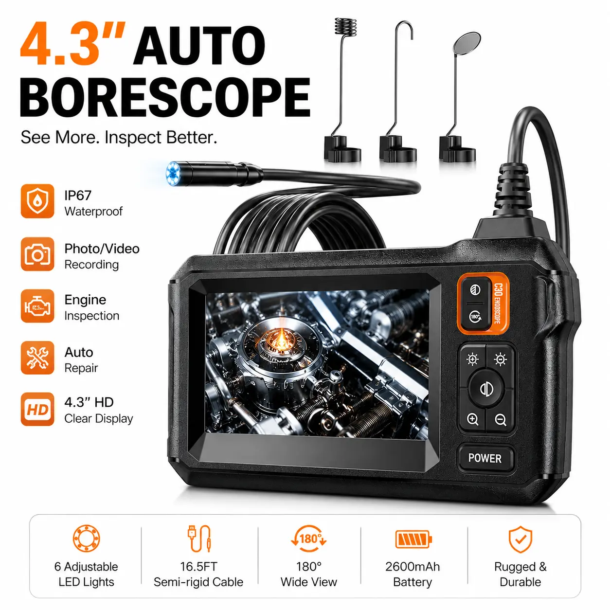 Automotive Borescope Camera, 16.5FT/33FT Waterproof Endoscope Inspection Camera with 4.3" HD Screen, 8 LED Lights, Snake Camera for Car Engine, Cylinder, Spark Plug, Auto Repair, Drain and Pipe Inspection