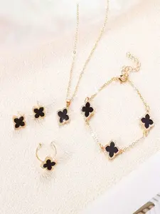 5pcs Lucky Grass Jewelry Set, Drip Oil Alloy Necklace, Bracelet, Ring, Earrings, Perfect Gift for Family and Friends, Ideal for Parties and Festivals