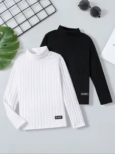 Boys' High Neck Knit Sweater, Soft Fleece Lining Long Sleeve Pullover, Casual Fit for Fall & Winter, Perfect Layering Top, Casual Basic Knitwear