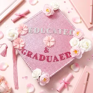 DIY Graduation Cap Decorations Kit Educated and Graduated Grad Cap Topper  Graduation Caps Included  White Flower Felt Letter Sticker 260  Sticker for 2026 Grad Party Decor