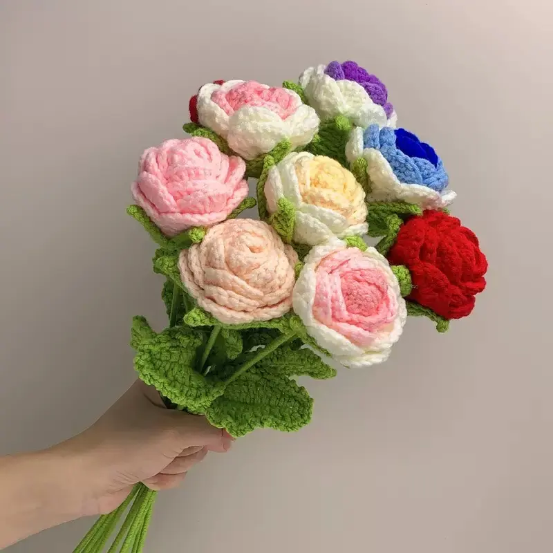 Handmade Crochet Rose Bouquet - Decorative Colorful Crocheted Flowers, Forever Floral Arrangement for Desk Decoration, Anniversary, Sweet Gifts for Her