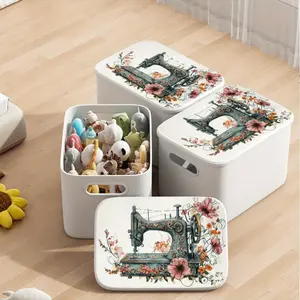 3pcs white storage box with dust cover for household items - Retro sewing machine flower cover storage box, suitable for wardrobe, bathroom, kitchen, living room - Mom's box and other storage - Nordic Japanese Korean style -25x18x16cm (9.8x7x6.3in)