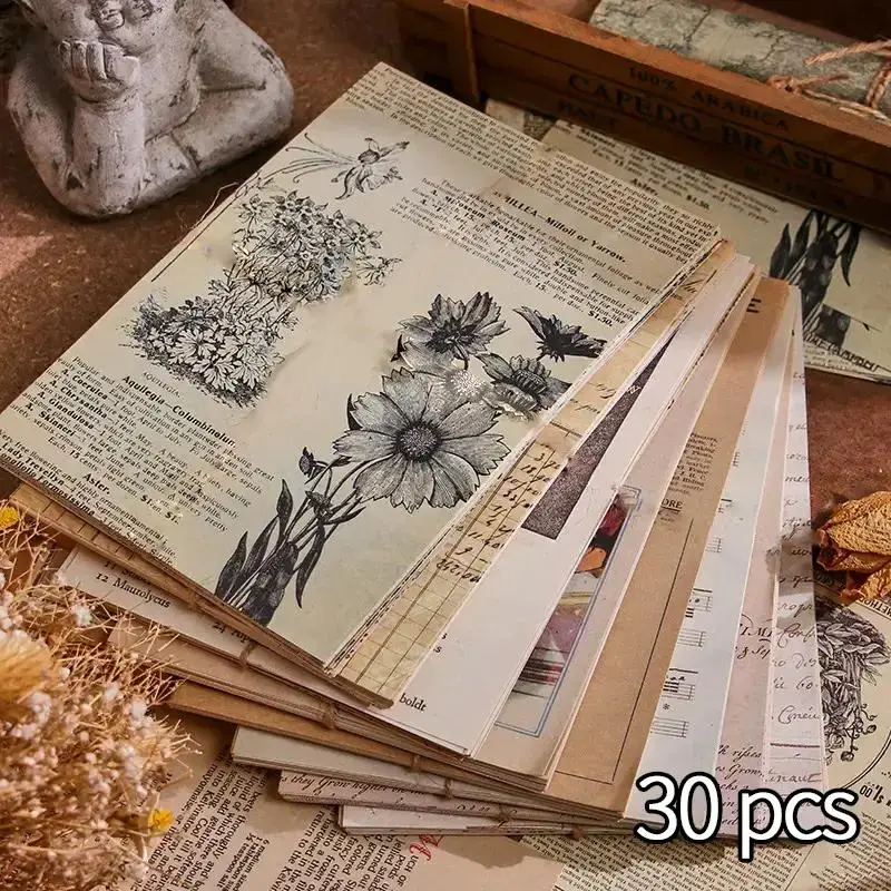 Random Vintage Material Paper, 30 Sheets Retro Handbook Background Paper for Students Gifts Wrapping, DIY Decorative Sticker for Scrapbooking & Journa