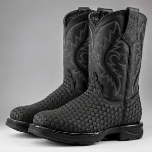 Black Basketweave Leather Boots With 3D Lightweight Sole - Square Toe