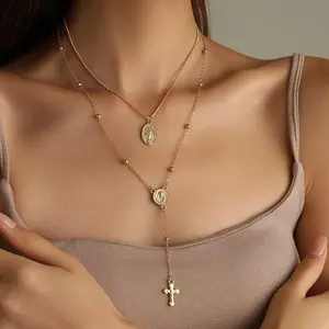 Necklace Accessories Simple Cross Pendant Necklace Women's Fashion Metal Single Layer Double Layer Three Layer Stacked Style Collarbone Chain Accessories Zinc Alloy Material
