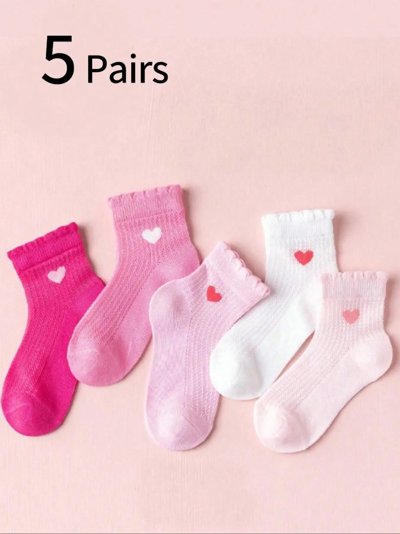 Girls Heart Pattern Socks, Mid-Calf Summer Thin Socks, Casual Fitted Style, Suitable for Ages 3-12, 5 Pairs Pack