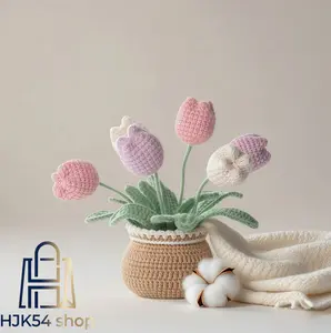 DIY Crochet Tulip Potted Plant Kit - Handmade Forever Blooming Tulips for Home Office Desk Decor, No-Wilt Yarn Flower Gift for Crochet Lovers & Beginners