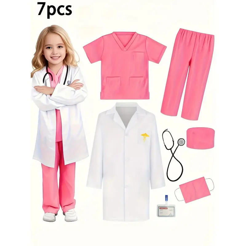 Girl's Doctor Role-Play Seven-Piece Costume Set, including a coat, surgical gown, stethoscope, and name tag, suitable children aged 3 to 10 party dress-up and pretend play