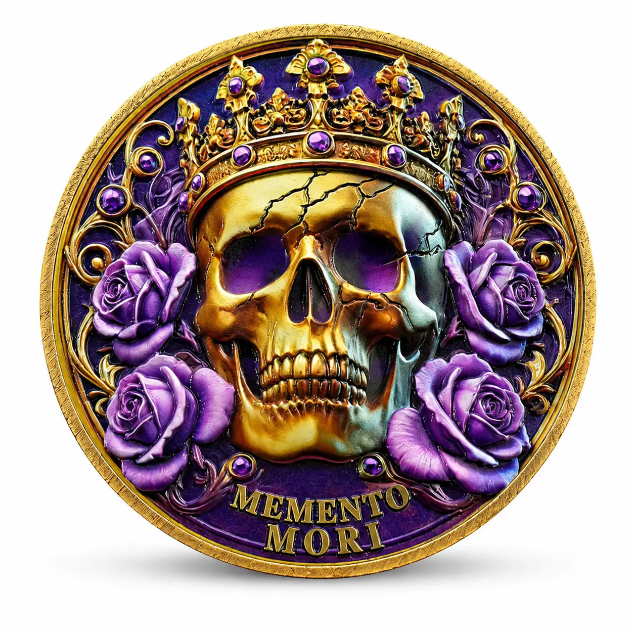 Memento Mori Challenge Coin - Antique Bronze Zinc Alloy, Crowned Skull, Purple Floral, Butterfly Design, Stoicism Daily Reminder Token, Unisex Collectible Philosophy Gift, Home Decoration