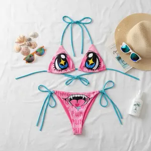 Anime Eyes String Bikini – Kawaii Star Eye Print Swimsuit, Cute Aesthetic Two Piece, Pastel Beach Outfit, Gift for Anime Lovers, Gift for Women