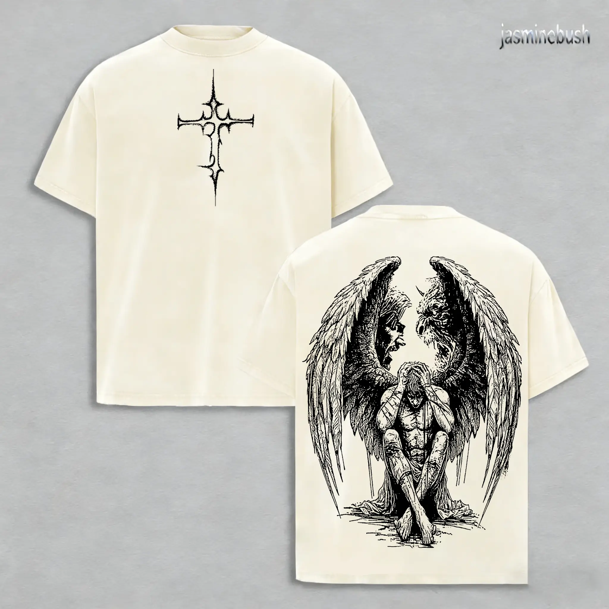 Tormented Angel T-Shirt Washed , Fallen Dark Angel Oversized Tee