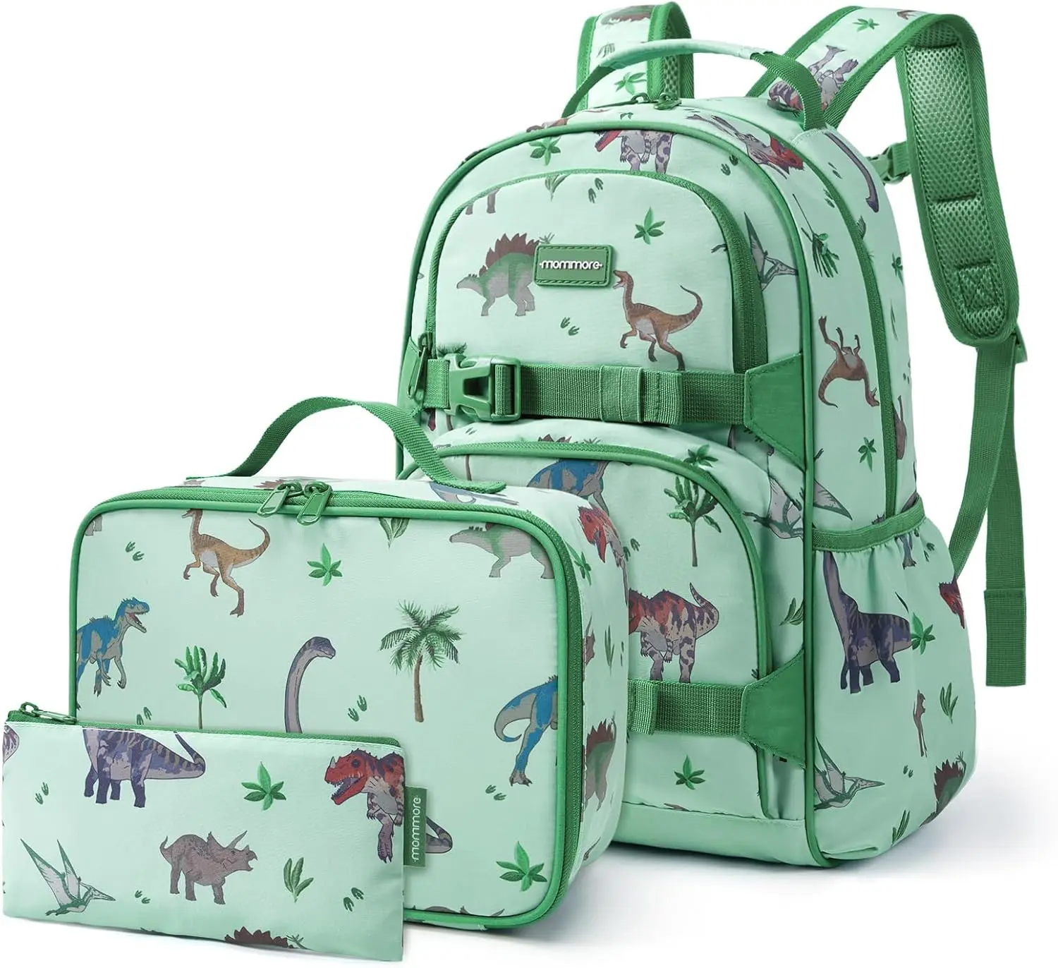 mommore Kids Backpack for Boys 4-8 with Lunch Box Elementary Kindergarten Preschool School Backpack 15'' Fit Folders Bottles, Green Dinosaur
