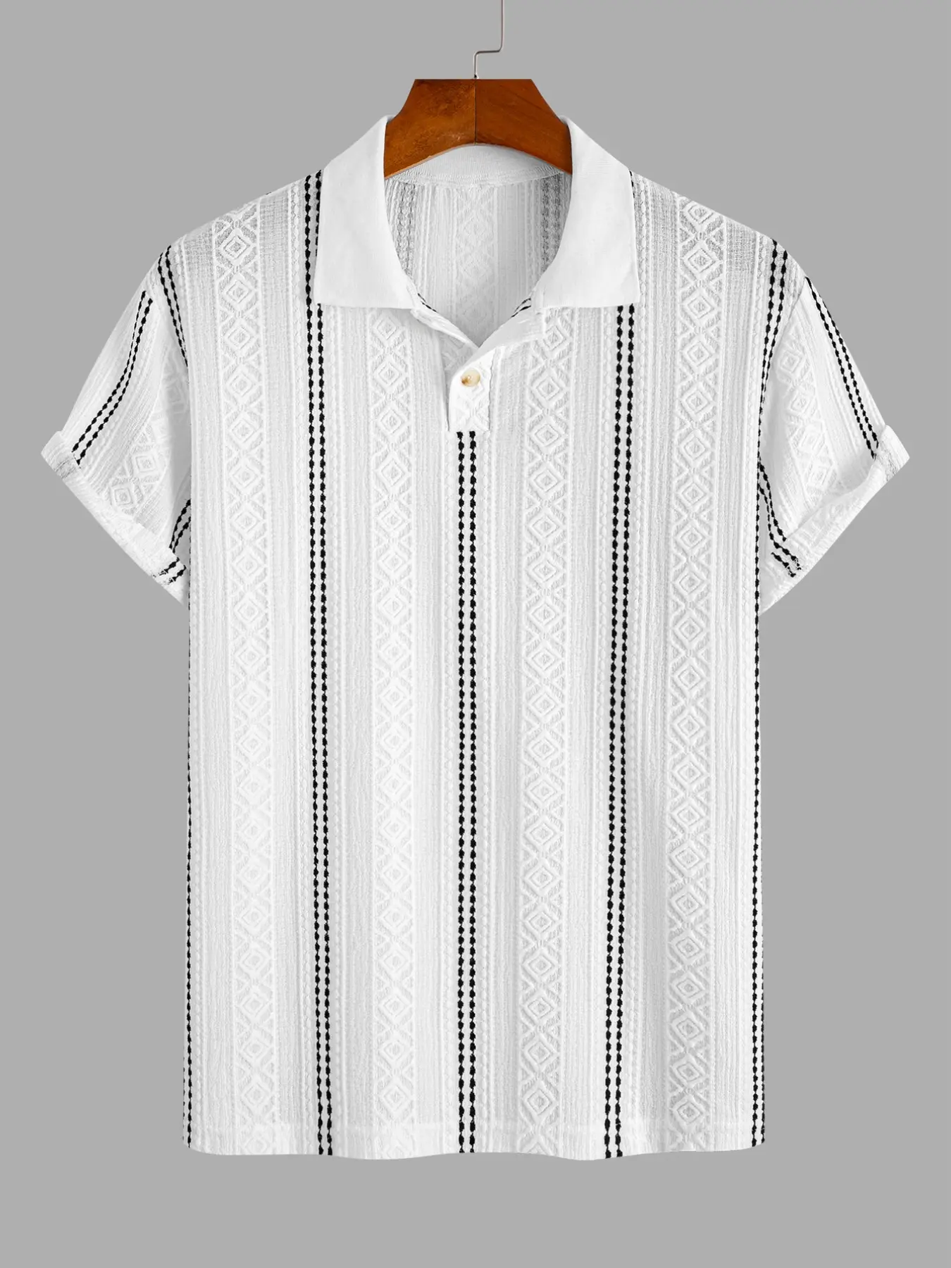 Men's Stretch Knit Geometric Jacquard Knitted Polo Shirt, Short Sleeve Striped Textured Casual Summer Tee, Fitted Long All over Print Casual Polo Shirts