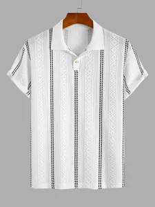 Men's Stretch Knit Geometric Jacquard Knitted Polo Shirt, Short Sleeve Striped Textured Casual Summer Tee, Fitted Long All over Print