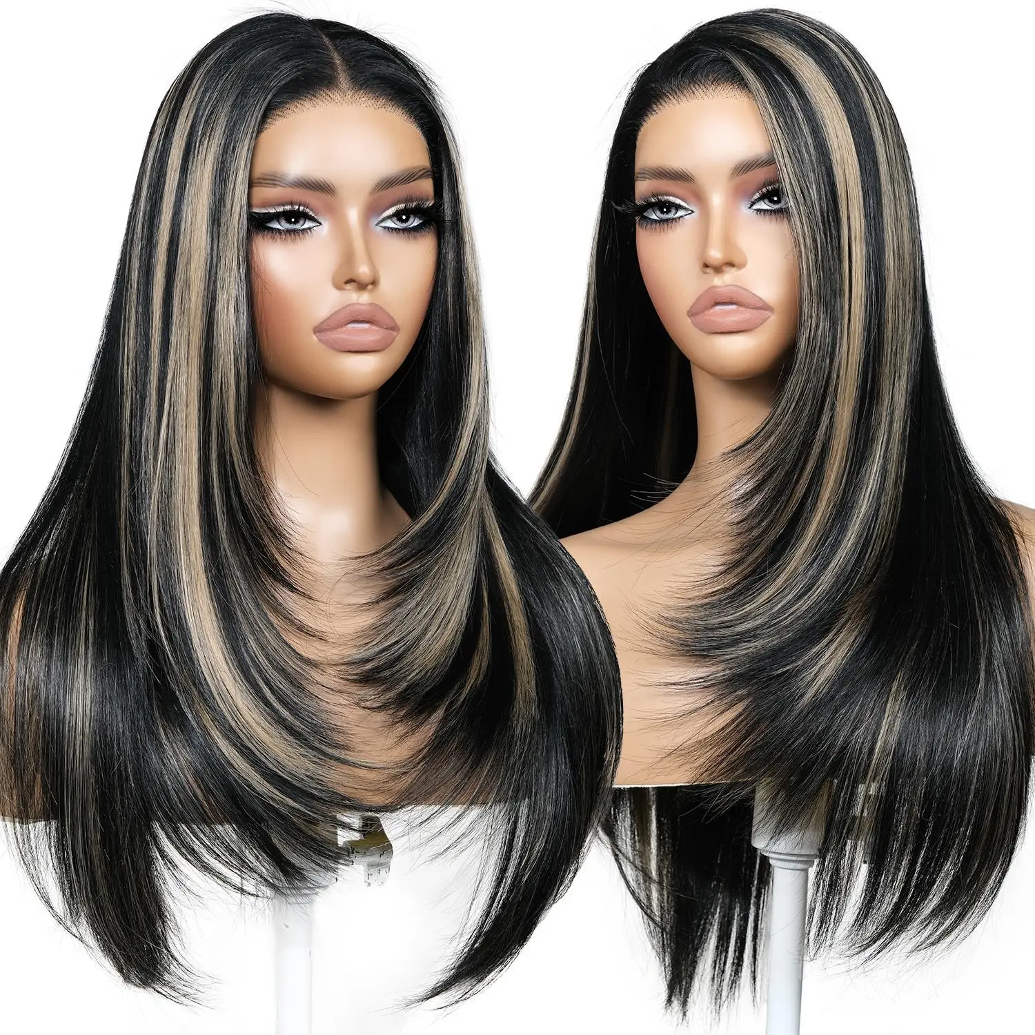 ENCOUNTERU Lace Front Wig for Women, 26 Inch Long Layered Straight Cut Synthetic Hair with Bangs, Pre-Plucked HD Lace, Full-Bodied for Work & Parties, Glueless Wigs, Straight Wig