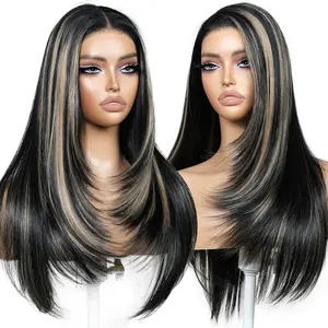 ENCOUNTERU-Luna 13x6 Lace Frontal Free Part Glueless Synthetic Wig 26 Inch Long Layered Straight Wig with Bangs Pre-Plucked Pre-Cut Vivid Self Growing Hairline Easy Wear Comfortable Fit