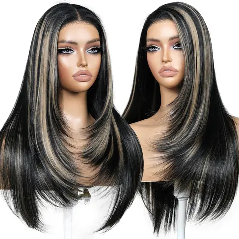 ENCOUNTERU Women's HD Lace Front Synthetic Wig - 26in Pre-Cut Natural Straight Layered with Bangs, Pre-Plucked Full-Bodied Glueless Style with 3 Combs & Elastic Band Wig Cap, Heat Resistant, Natural Hairline for Work & Special Events, Synthetic Wigs