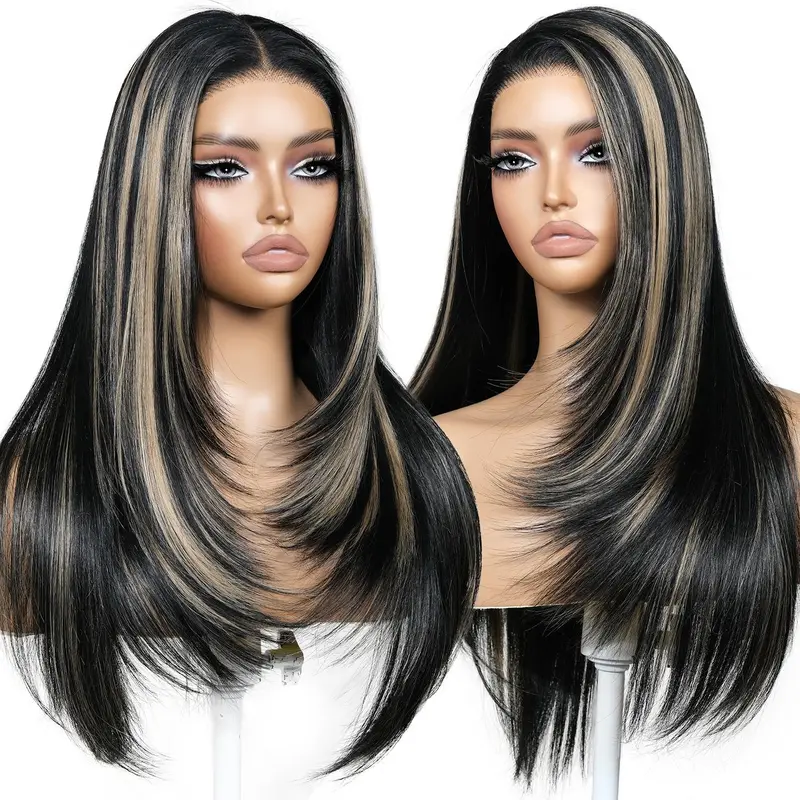 ENCOUNTERU Women's HD Lace Front Synthetic Wig - 26in Pre-Cut Natural Straight Layered with Bangs, Pre-Plucked Full-Bodied Glueless Style with 3 Combs & Elastic Band Wig Cap, Heat Resistant, Natural Hairline for Work & Special Events, Synthetic Wigs