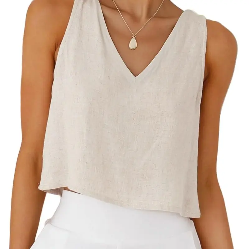 IDEALSANXUN Women's Linen Tank Tops - Chic, Cropped Wide-Strap Ruched Flowy Comfy Solid Fabric Sleeveless Tops with V-Neck/Square Neck/Off-Shoulder for Spring Summer Beach Outfits