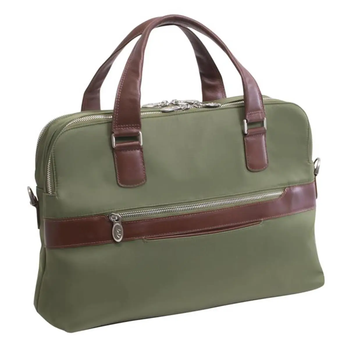 Men's 212 MAIN McKlein USA N-Series Hartford Compact Soft-Sided Nylon Dual-Compartment Business Briefcase - Green, Adjustable Strap, Zipper Closure, Leather Accents, Fully-Lined Interior, Leather Trim, Front Exterior Zipper, Secure Zippered Pocket