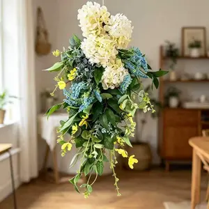 Artificial Tear Drop Bouquet, Hydrangea with Blue/ Accents and Eucalyptus Leaves, Suitable for Indoor and Outdoor Decor