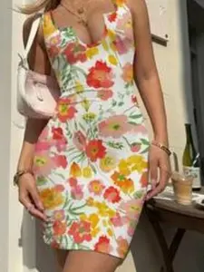 Colorful Floral Cut Out Backless Dress, Mallow Flower Print Bodycon Mini Dress, Sexy Vacation Two-Wear Dress for All Seasons