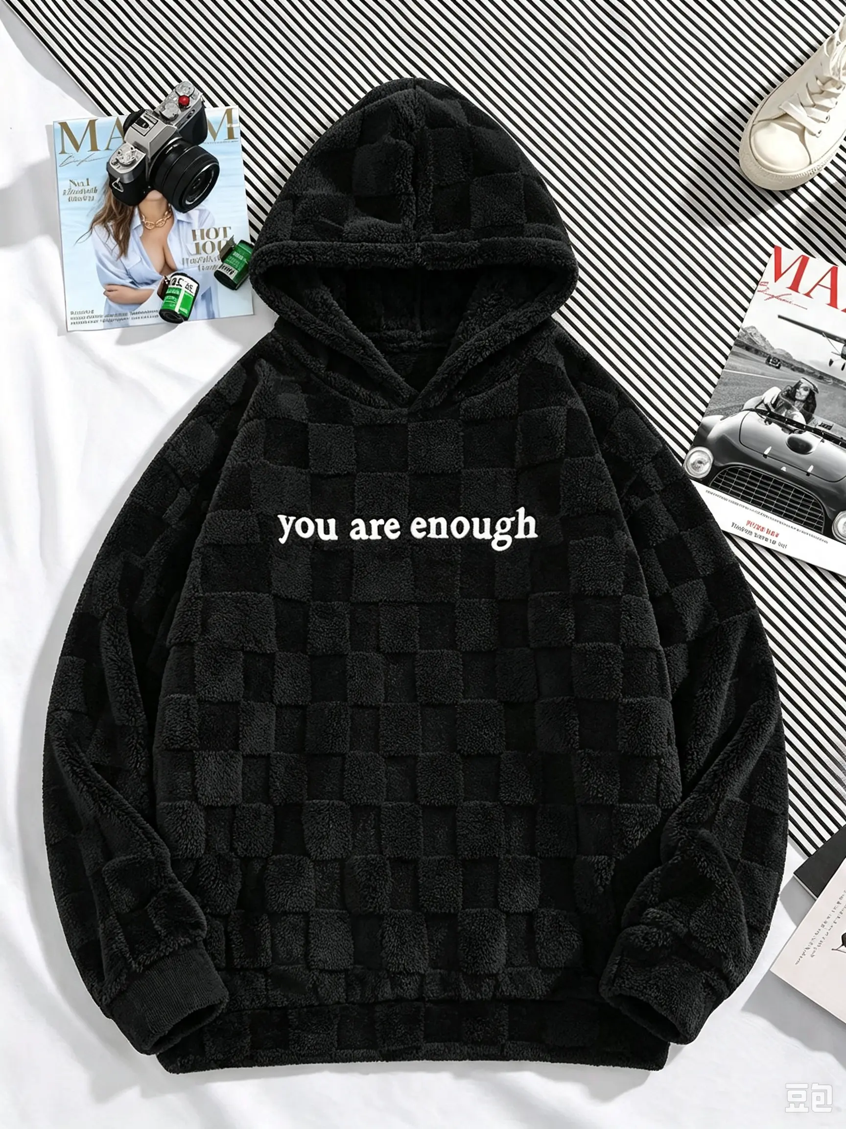 Men's Soft Polyester Striped "You Are Enough" Embroidered Fleece Hoodie - Comfiest Men's Hoodies, Casual Loose-Fit Long-Sleeve Fleece Pullover for Home Lounging