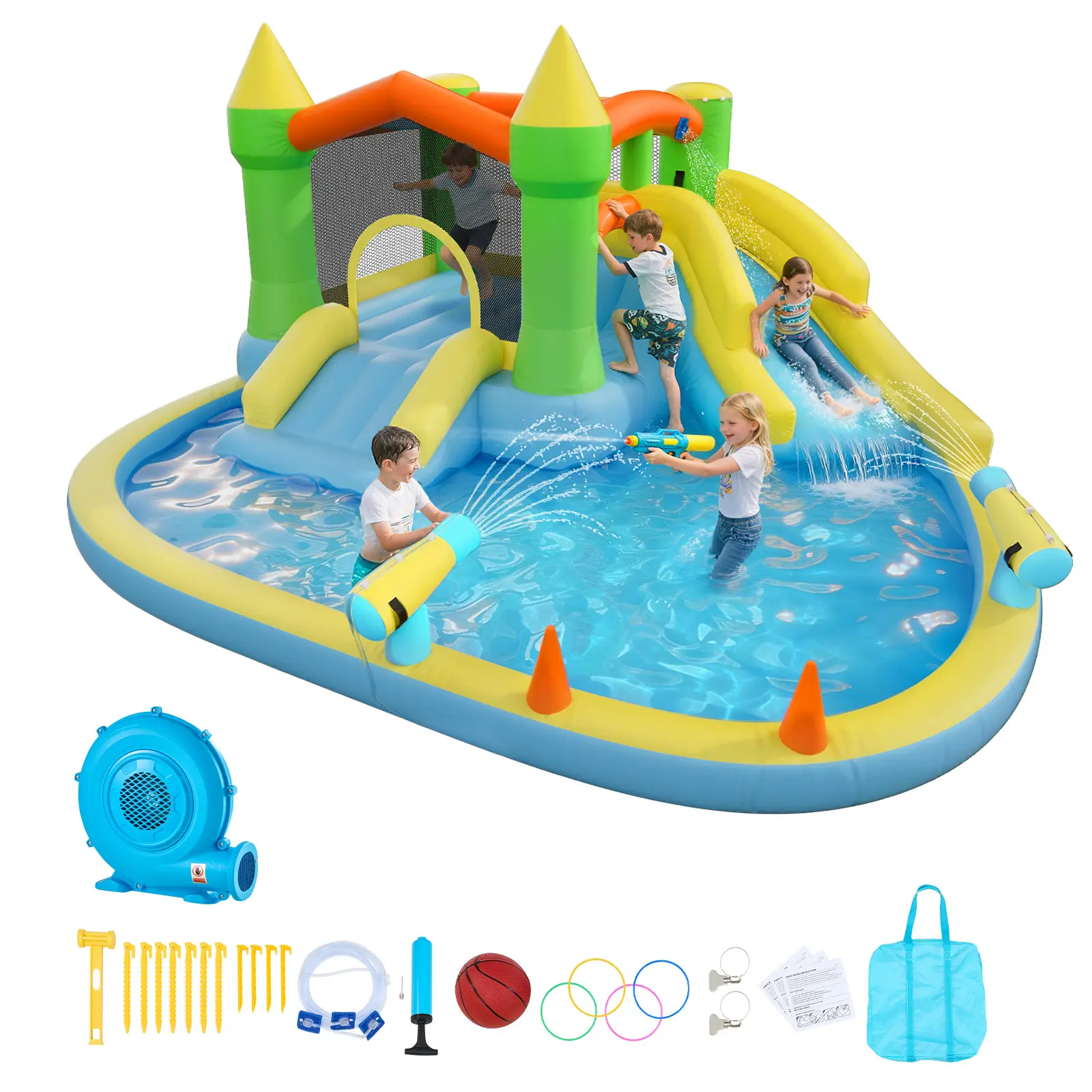【SummerFinds】VEVOR Inflatable Bounce House, 12.5 x 13.1 x 6.5 ft Inflatable Bounce House Water Slide, Bouncer Castle with Castle Bounces, Basketball Hoop, Splash Pool & Water Ring Toss, for 3 to 4 Kids Ages 3 to 8