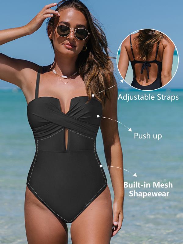 Popvil Solid Color Wrap Front Lace-up One Pieces Tummy Control V-Neck Swimsuit for Vacation,Sculpting Swimsuit,dealsforyoudays