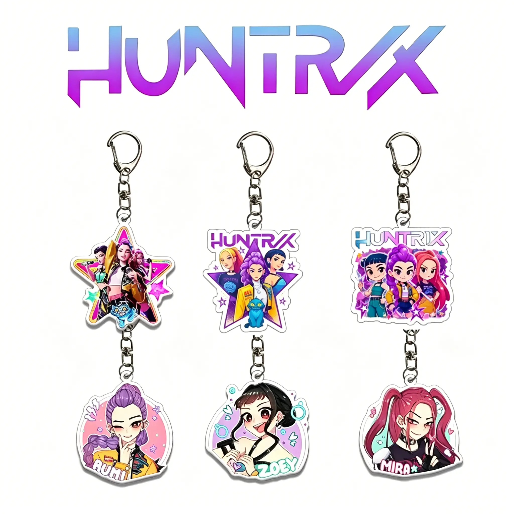 6-Piece Huntrix Acrylic Keychain Set, Double-Sided Printed Rummi, Mira & Zoey Charms, Fade-Proof Clear Pendants, Anime & K-Pop Fan Must-Have Backpack Accessory