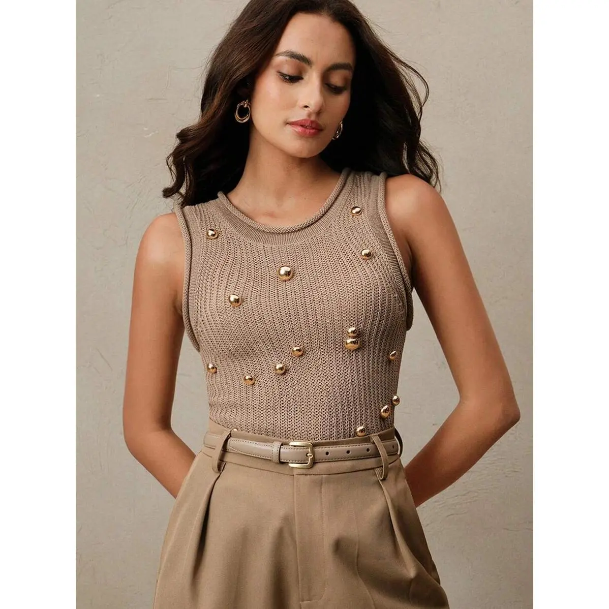 Anewsta Summer Cool Thick Knit Hollow-Out Metal Mirrored Beaded Rolled Hem Vest