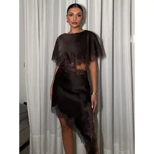 Lace Mini Dress with Cape Sleeves, Asymmetrical Hem and Intricate Lace Trim, Formal Party Fashion DressRAIMENTRY