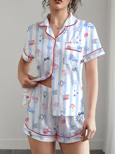 Women's Oceanic Stripe Pyjama Set, Casual All-Over Printed Sleepwear, Spring & Fall Short Sleeve Top & Elastic Shorts, Comfortable Home Wear